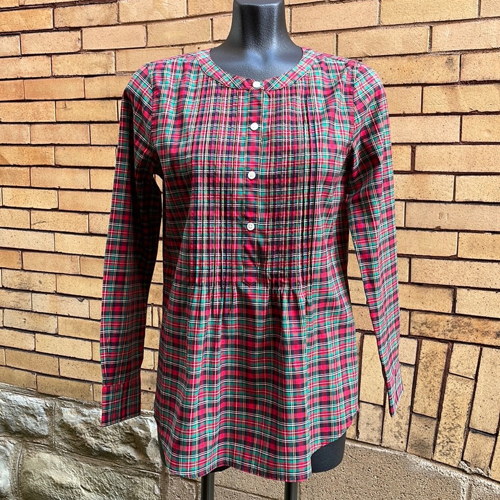 Vineyard Vines Red Green Plaid Cotton Cashmere Blend Tunic Blouse Size 2